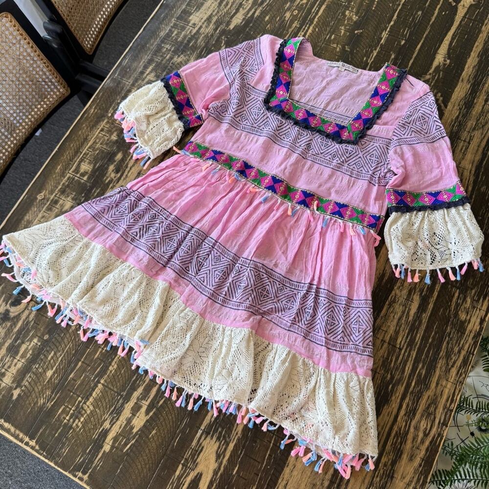 SAVAGE CULTURE  - Pink Boho Tassel Summer Crochet Dress - LARGE